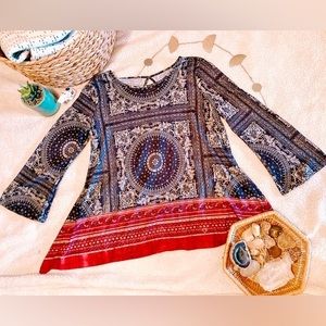 boho bell sleeve tunic blue & maroon